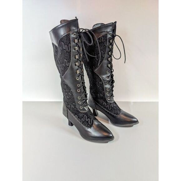 Victorian Boots Size 4 Black Lace Up Knee High Edwardian Witchy Regency Lolita - Picture 1 of 13